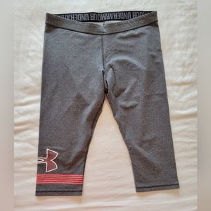 Under Armour Capri Leggings, Gray with Pink Logo and Stripes, Size XL